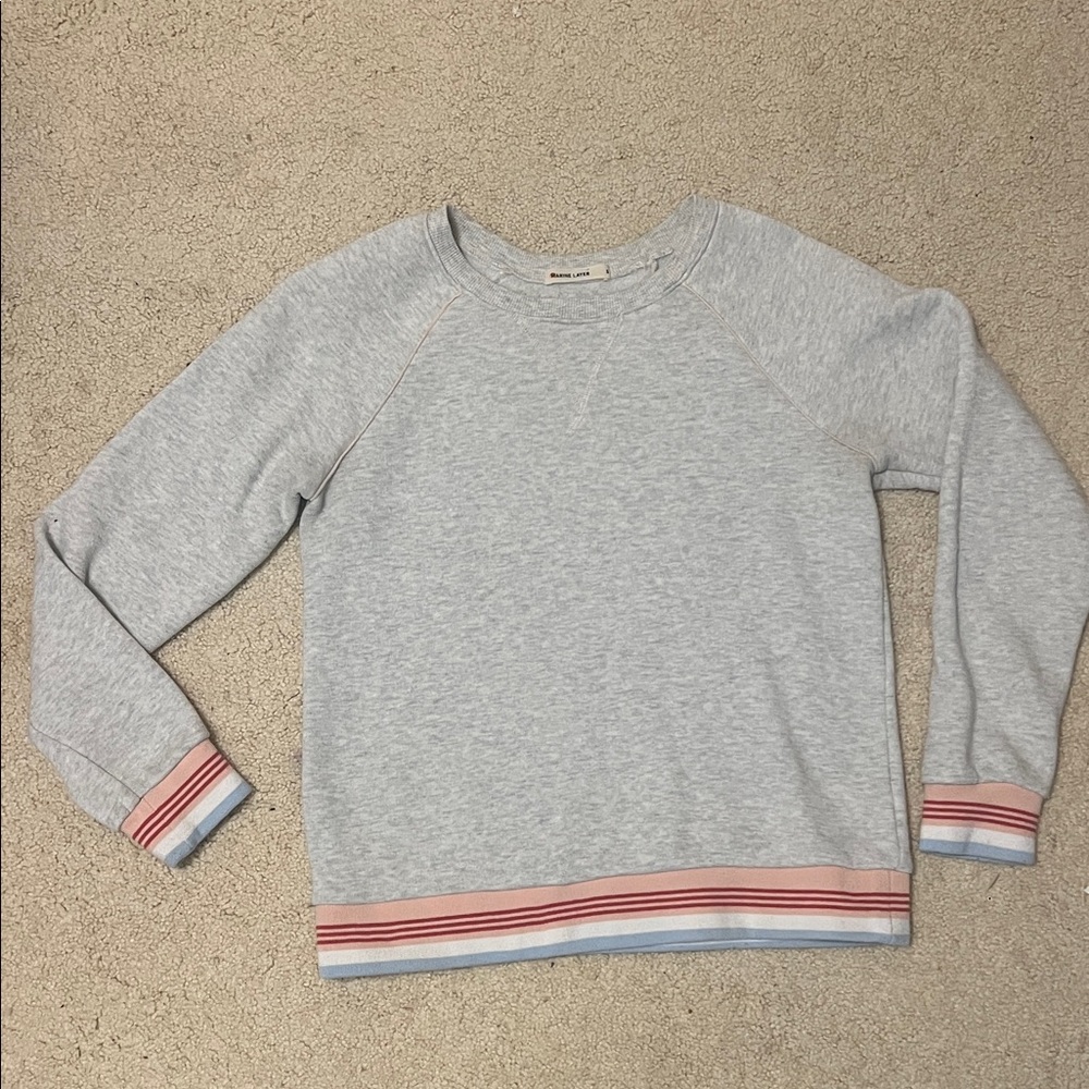 Marine Layer Gray Crew Neck Sweater with Striped Cuffs